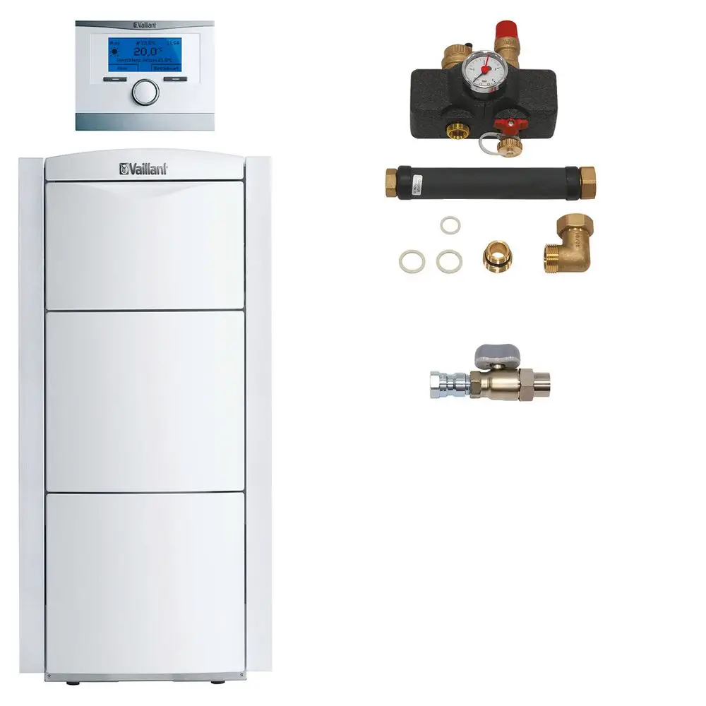 Vaillant Heizkessel mit digitalem Thermostat, Anbauteilen wie Druckregler, Anschlussrohren und Zubehör für die Heizungsinstallation.